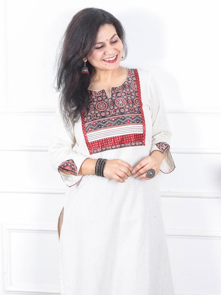 Kranti Pearl White Mashru Printed Patch Neck Cotton Flex Kurti