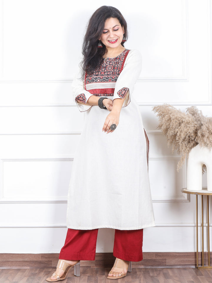 Kranti Pearl White Mashru Printed Patch Neck Cotton Flex Kurti