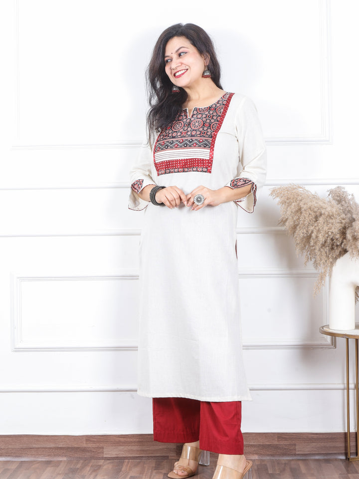 Kranti Pearl White Mashru Printed Patch Neck Cotton Flex Kurti