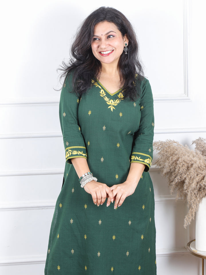 Kranti Dark Green Embroidered Neck Work South Cotton Kurti