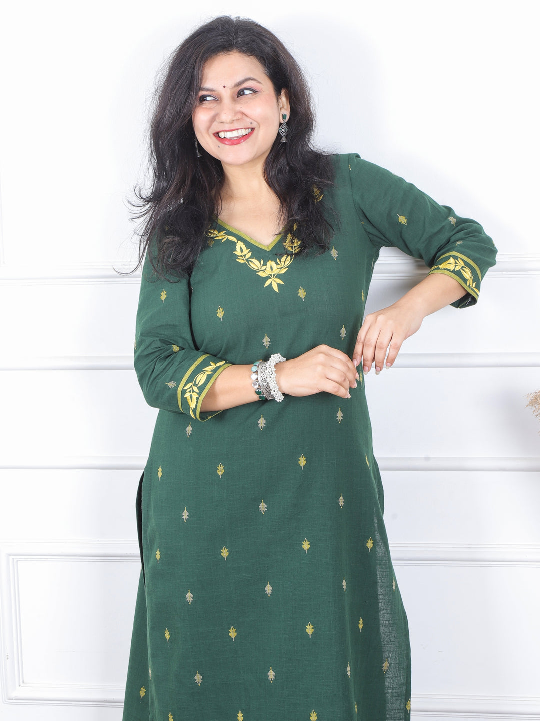 Kranti Dark Green Embroidered Neck Work South Cotton Kurti