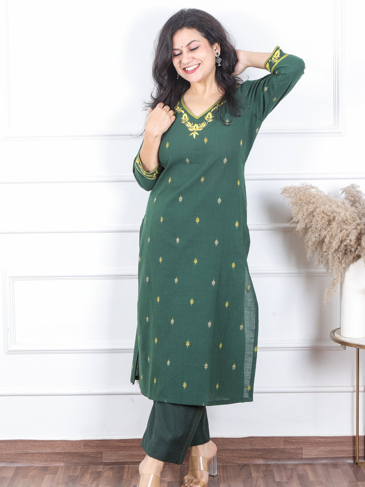 Kranti Dark Green Embroidered Neck Work South Cotton Kurti