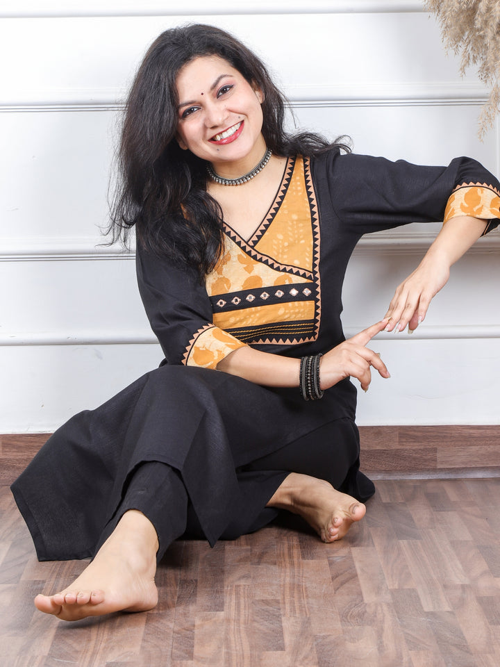 Dua Raven Black with Dabu Print Patch Angrakha Style Neck Magic Linen Kurti