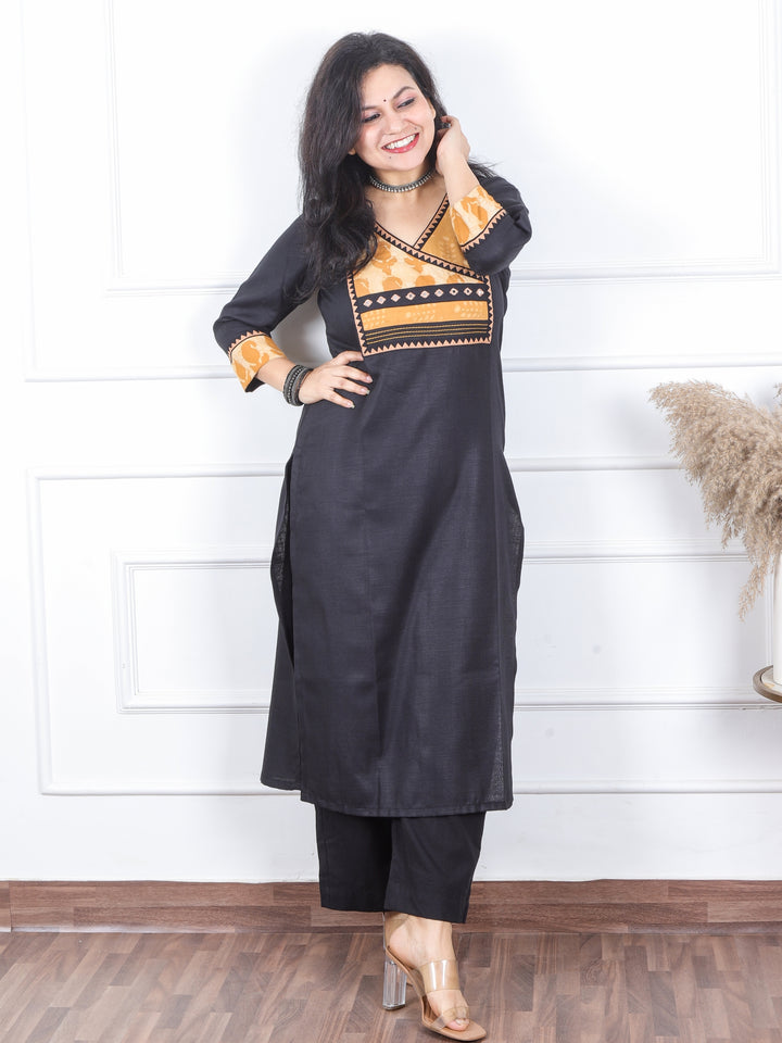 Dua Raven Black with Dabu Print Patch Angrakha Style Neck Magic Linen Kurti