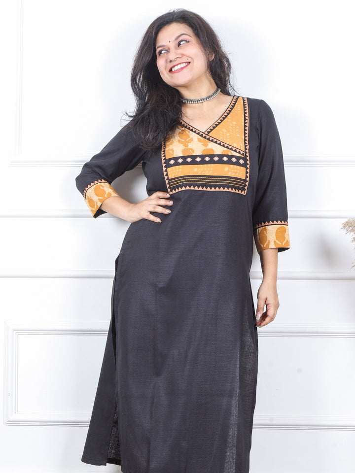 Dua Raven Black with Dabu Print Patch Angrakha Style Neck Magic Linen Kurti