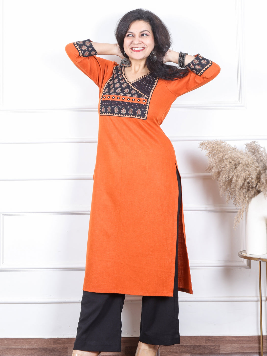 Dua Pumpkin Orange with Ajrak Print Patch Angrakha Style Neck Magic Linen Kurti