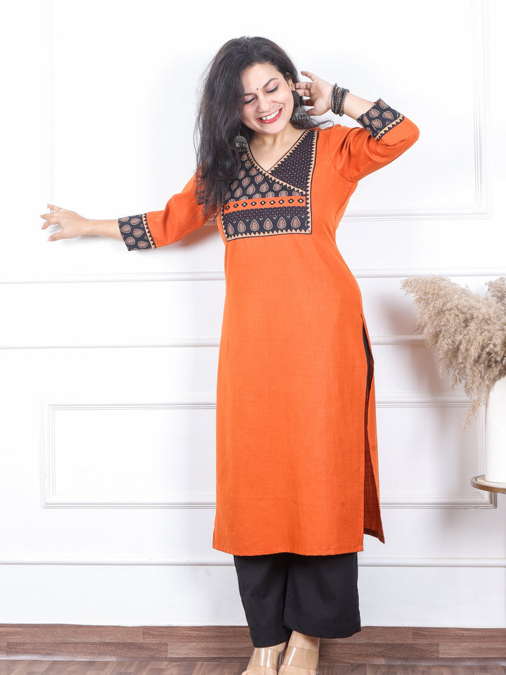 Dua Pumpkin Orange with Ajrak Print Patch Angrakha Style Neck Magic Linen Kurti