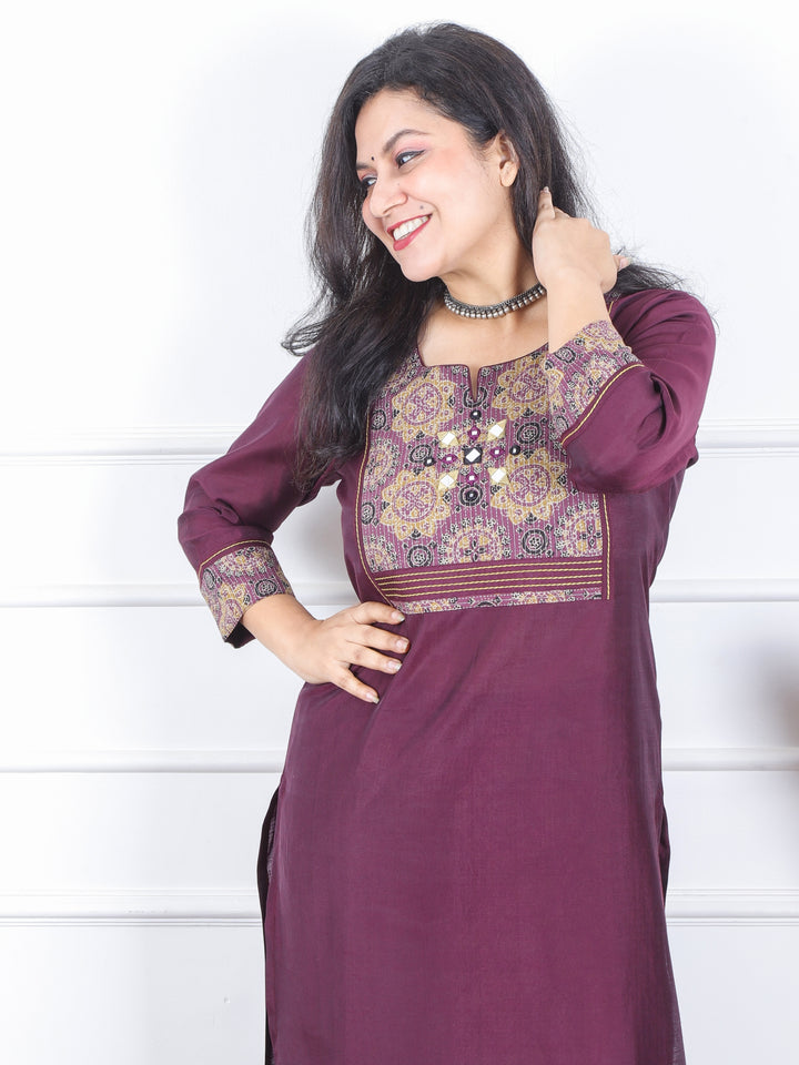 Kranti Blueberry Purple Mirror with Ajrak Kantha Patch Roman Silk Kurti