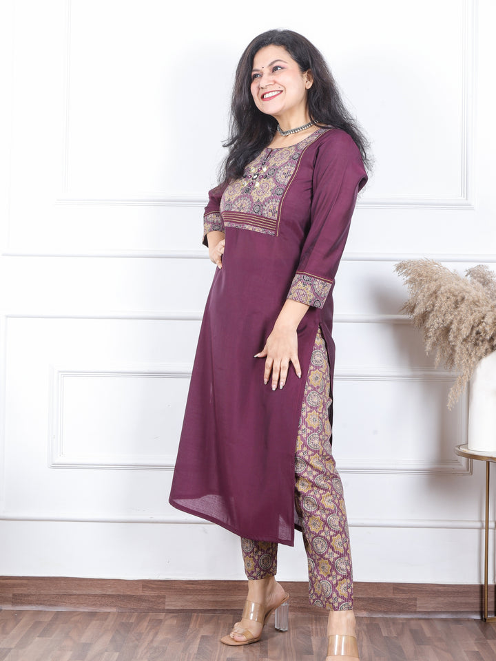 Kranti Blueberry Purple Mirror with Ajrak Kantha Patch Roman Silk Kurti