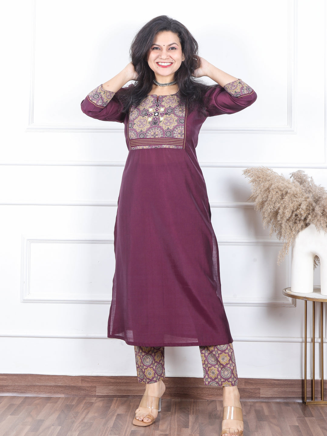 Kranti Blueberry Purple Mirror with Ajrak Kantha Patch Roman Silk Kurti