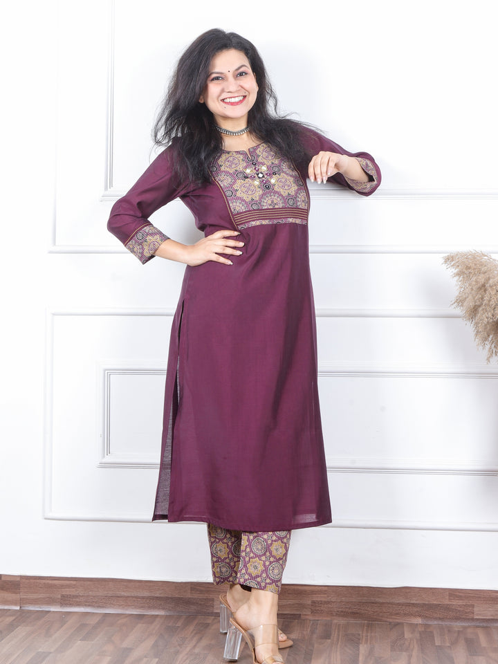 Kranti Blueberry Purple Mirror with Ajrak Kantha Patch Roman Silk Kurti