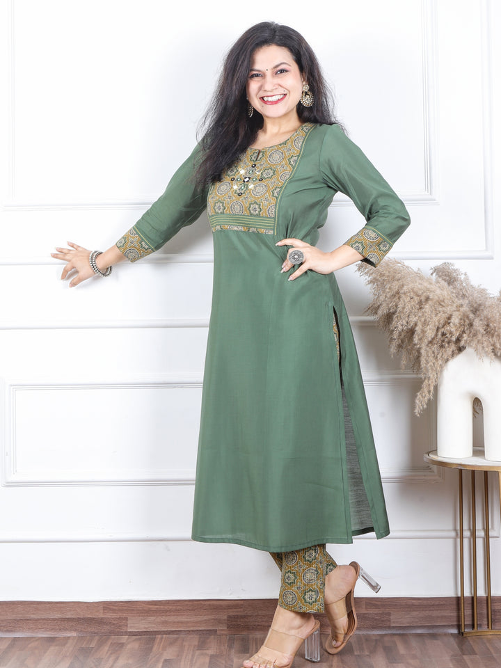 Kranti Sage Green Mirror with Ajrak Kantha Patch Roman Silk Kurti