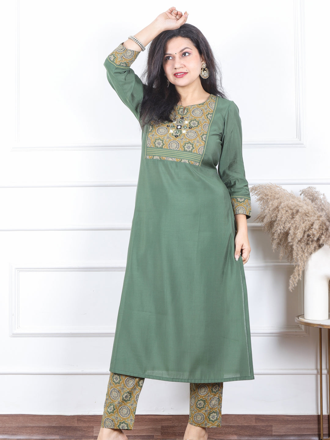 Kranti Sage Green Mirror with Ajrak Kantha Patch Roman Silk Kurti