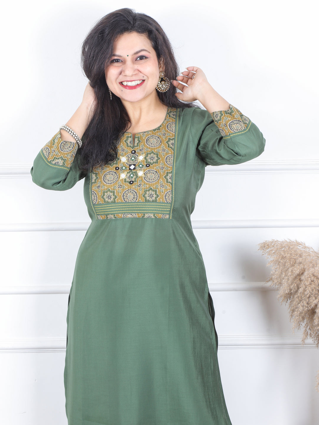 Kranti Sage Green Mirror with Ajrak Kantha Patch Roman Silk Kurti