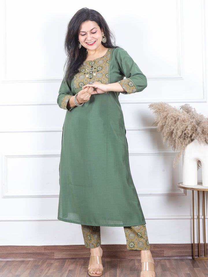 Kranti Sage Green Mirror with Ajrak Kantha Patch Roman Silk Kurti