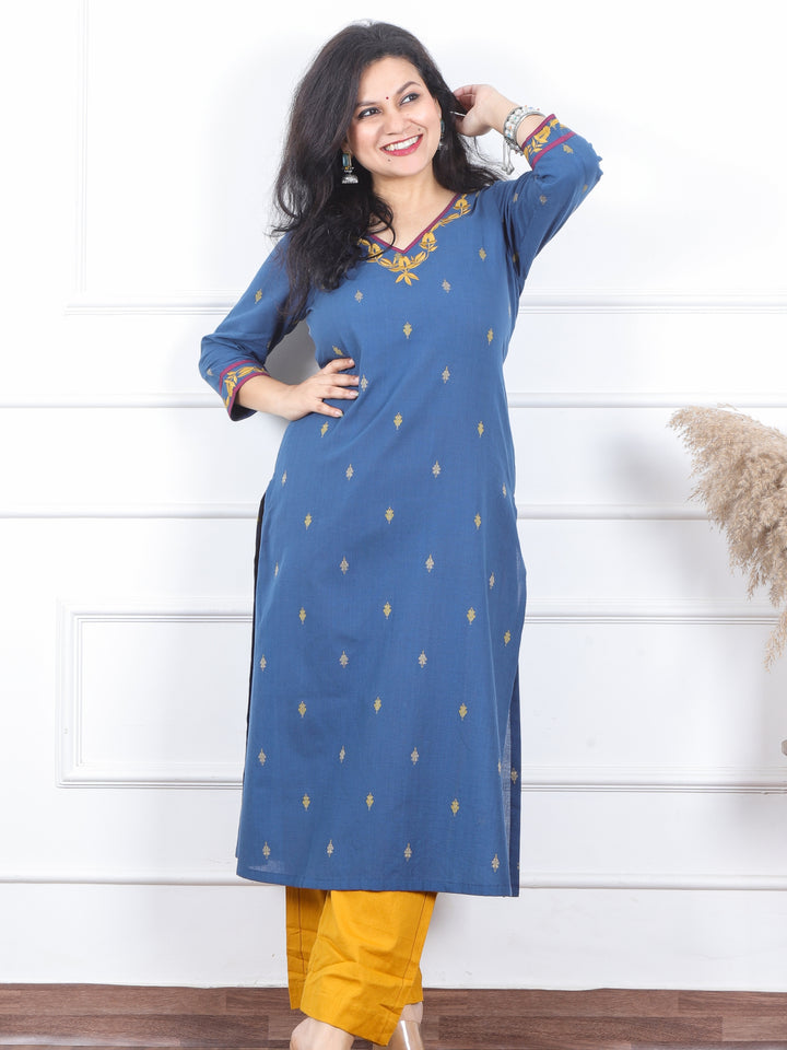 Kranti Cerulean Blue Embroidered Neck Work South Cotton Kurti