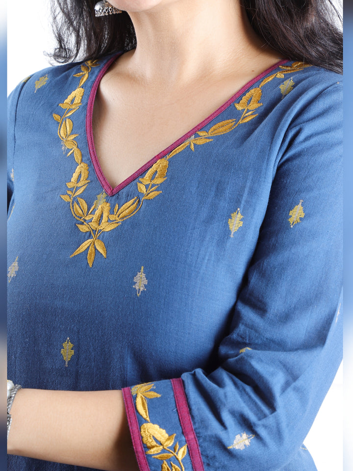 Kranti Cerulean Blue Embroidered Neck Work South Cotton Kurti