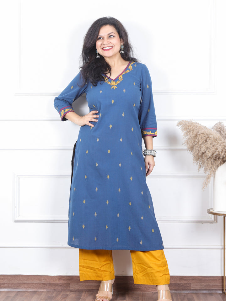 Kranti Cerulean Blue Embroidered Neck Work South Cotton Kurti