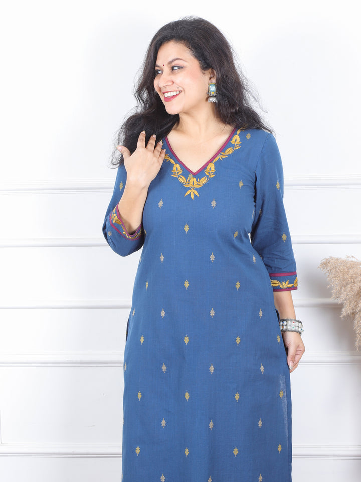 Kranti Cerulean Blue Embroidered Neck Work South Cotton Kurti