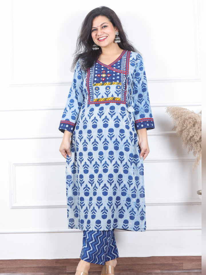 Subhranti Indigo Blue Dabu Printed Kutch Neck Work Cotton 2 Piece Set