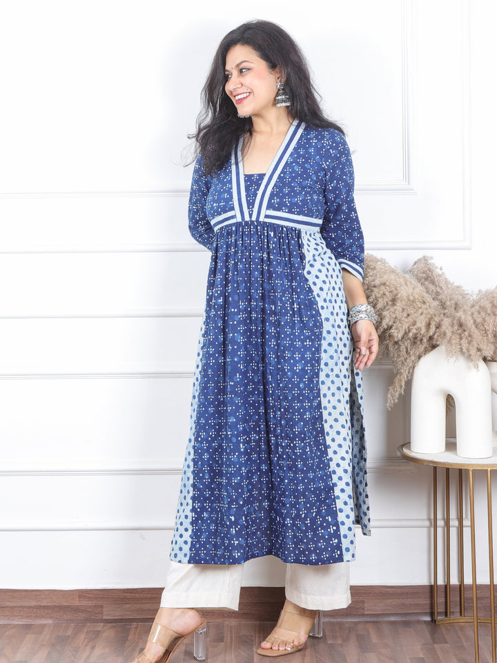 Dua Indigo Blue Dabu Printed in Alia Cut Style Cotton Kurti