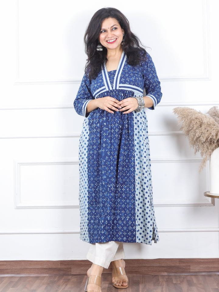 Dua Indigo Blue Dabu Printed in Alia Cut Style Cotton Kurti