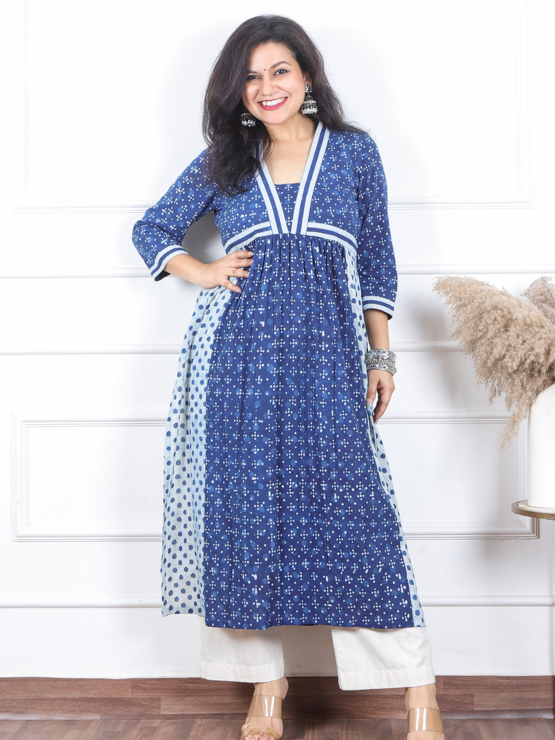 Dua Indigo Blue Dabu Printed in Alia Cut Style Cotton Kurti