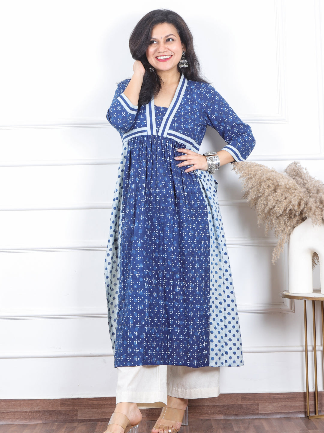 Dua Indigo Blue Dabu Printed in Alia Cut Style Cotton Kurti