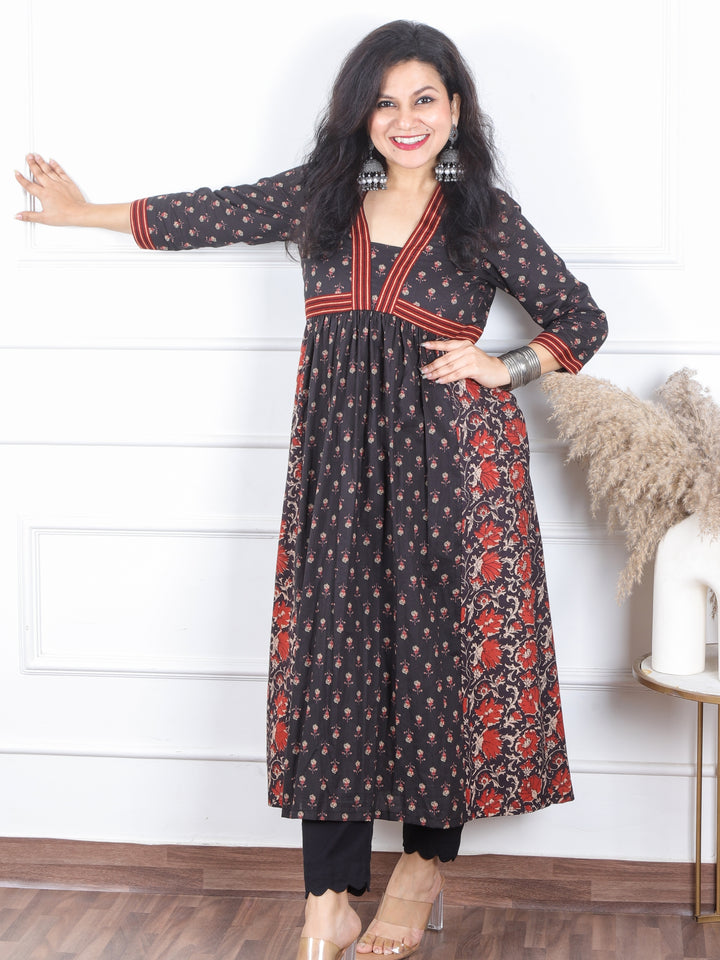 Dua Ebony Black Kalamkari Floral Printed in Alia Cut Style Cotton Kurti