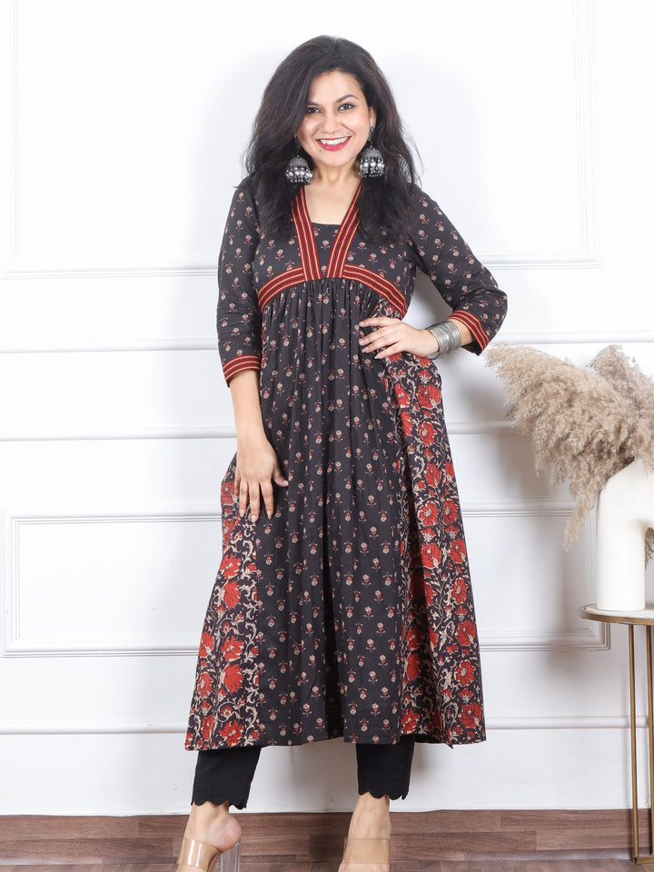 Dua Ebony Black Kalamkari Floral Printed in Alia Cut Style Cotton Kurti