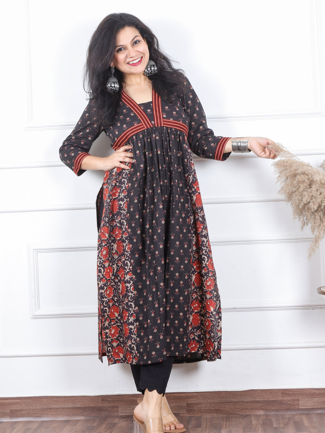 Dua Ebony Black Kalamkari Floral Printed in Alia Cut Style Cotton Kurti