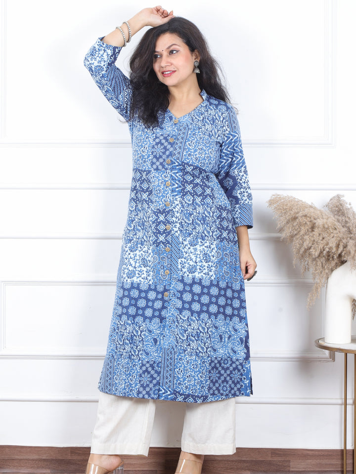 Kranti Base Indigo Dabu Patches Kantha with Button Work Cotton Kurti