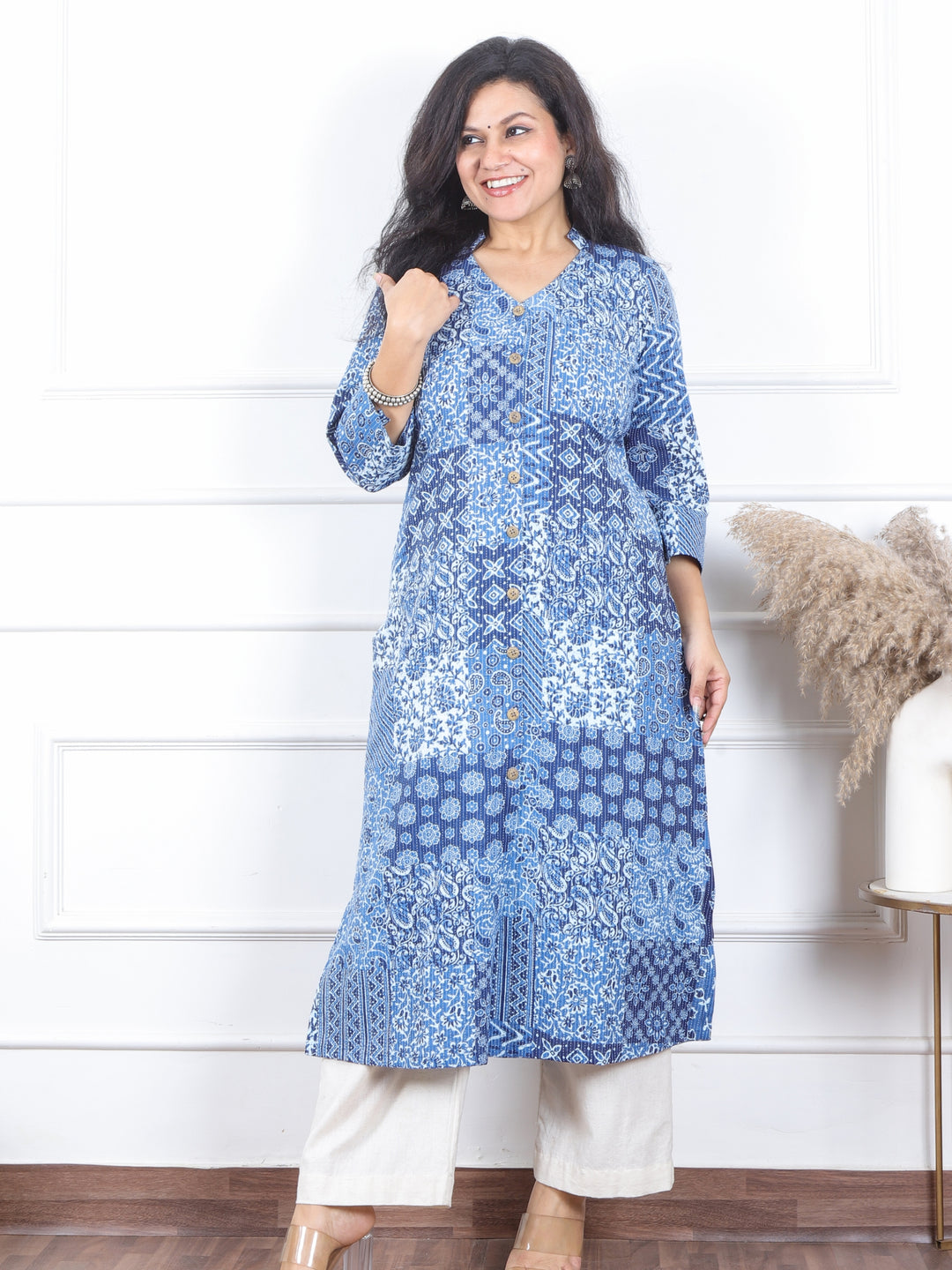 Kranti Base Indigo Dabu Patches Kantha with Button Work Cotton Kurti