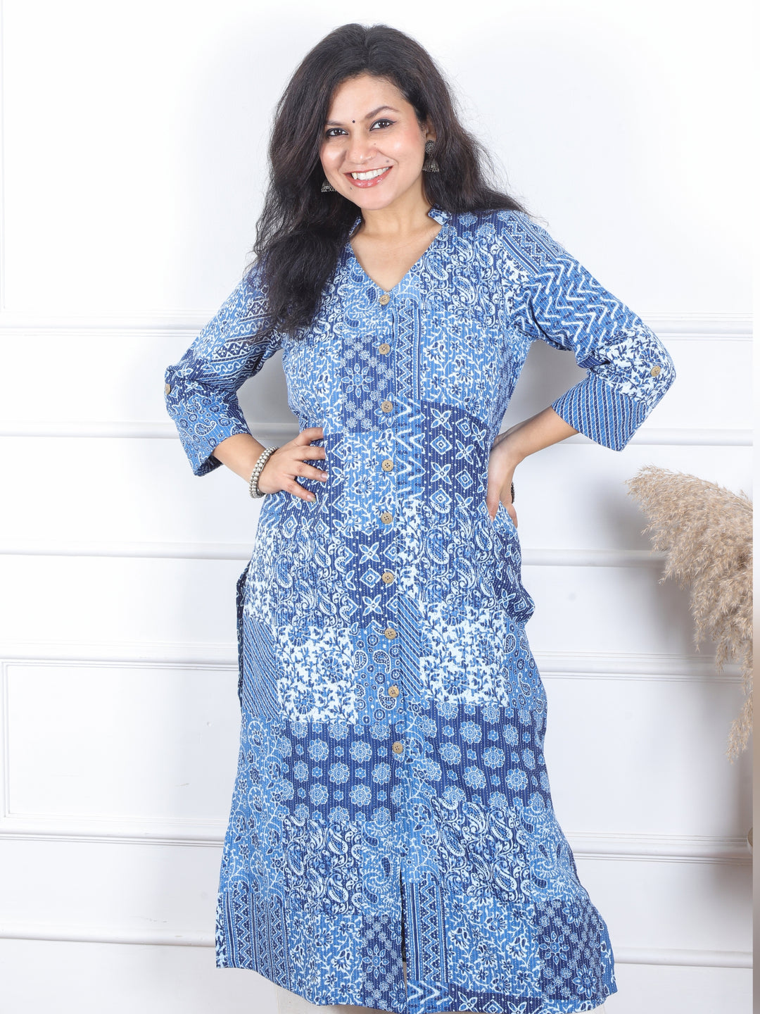 Kranti Base Indigo Dabu Patches Kantha with Button Work Cotton Kurti