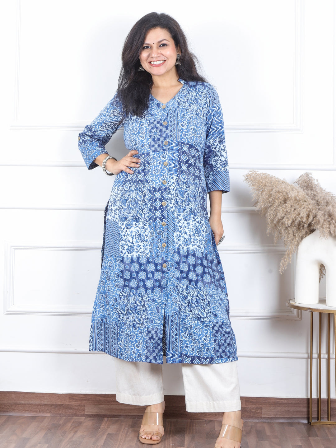 Kranti Base Indigo Dabu Patches Kantha with Button Work Cotton Kurti