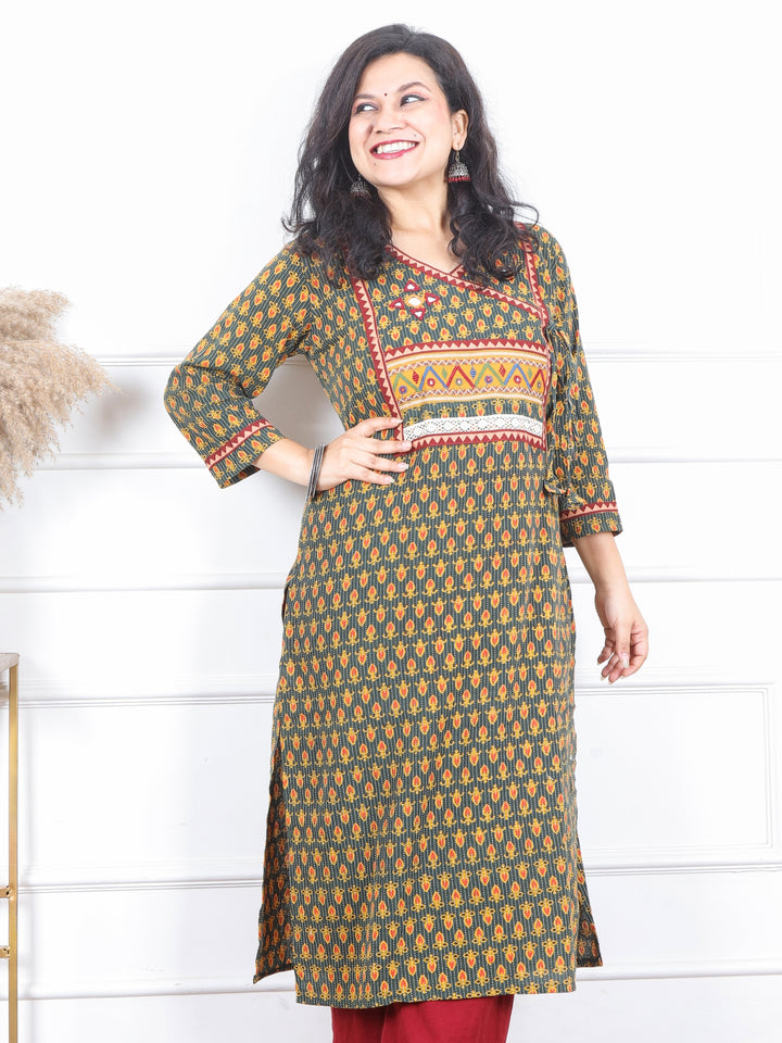 Raavi Dark Green Angrakha Style Neck Work Print Cotton Kurti-D1