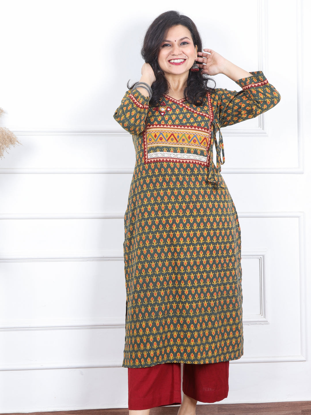 Raavi Dark Green Angrakha Style Neck Work Print Cotton Kurti-D1