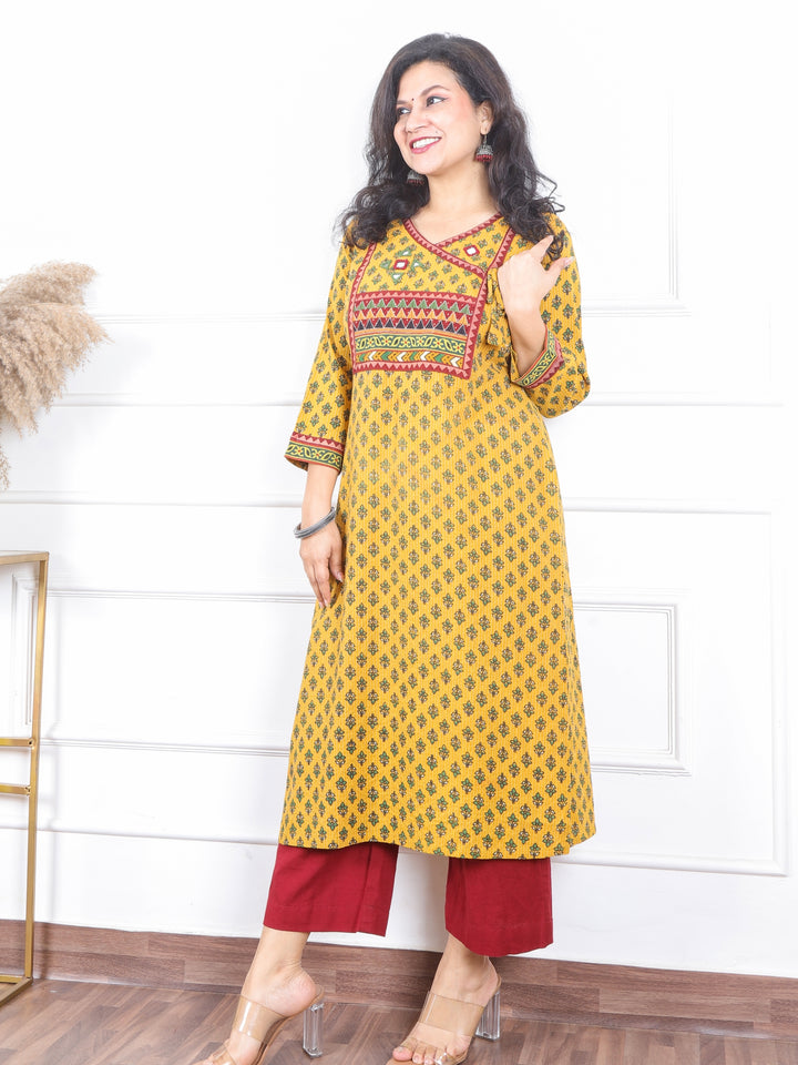 Raavi Dijon Yellow Angrakha Style Neck Work Print Cotton Kurti-D2