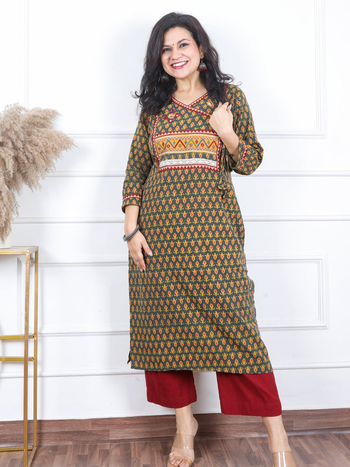 Raavi Dark Green Angrakha Style Neck Work Print Cotton Kurti-D1