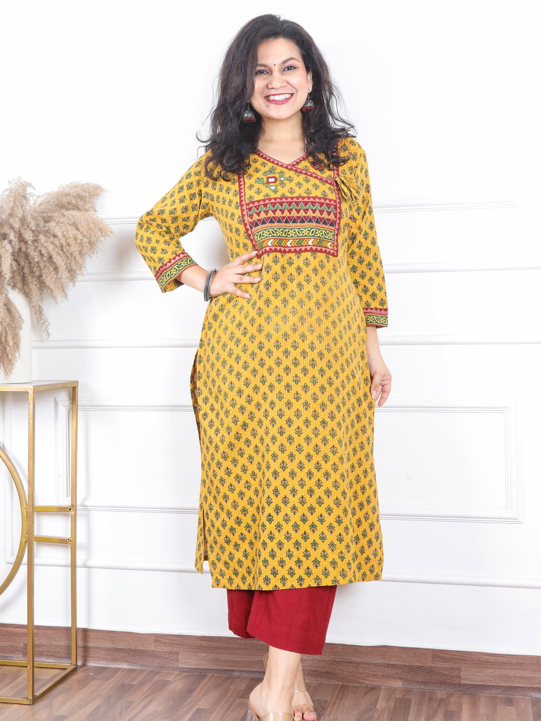 Raavi Dijon Yellow Angrakha Style Neck Work Print Cotton Kurti-D2