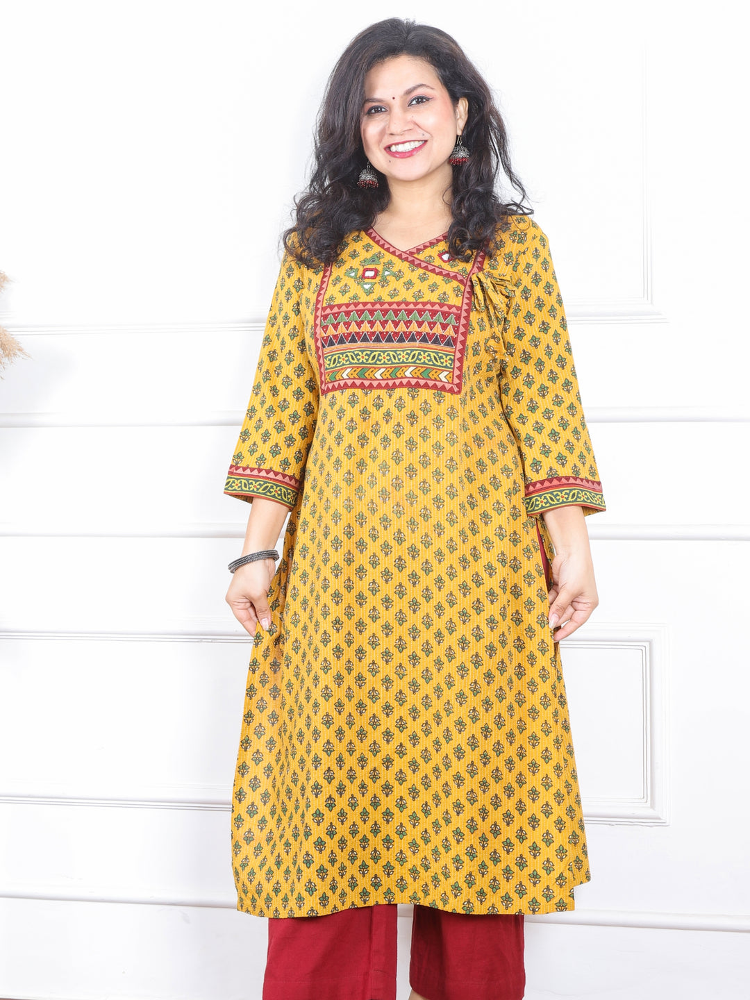 Raavi Dijon Yellow Angrakha Style Neck Work Print Cotton Kurti-D2