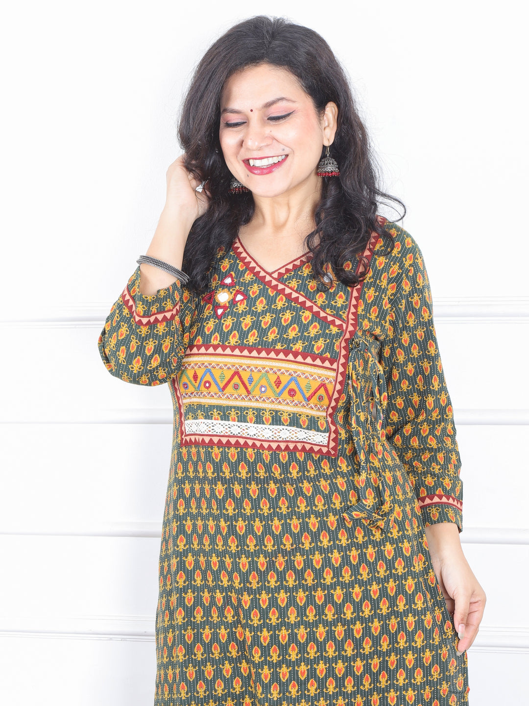 Raavi Dark Green Angrakha Style Neck Work Print Cotton Kurti-D1