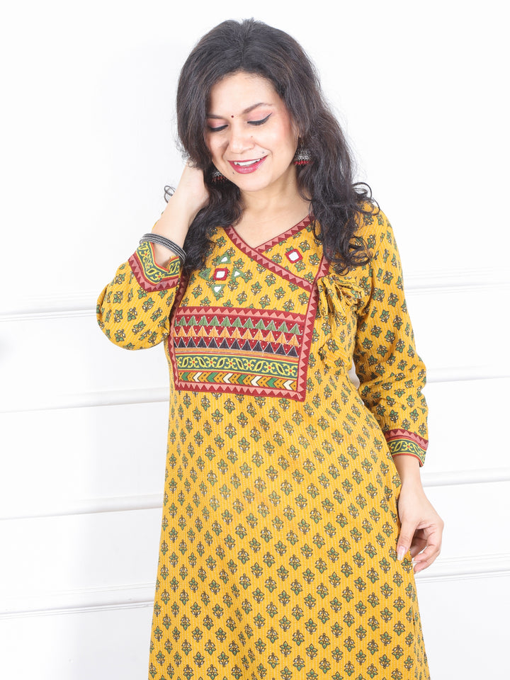 Raavi Dijon Yellow Angrakha Style Neck Work Print Cotton Kurti-D2