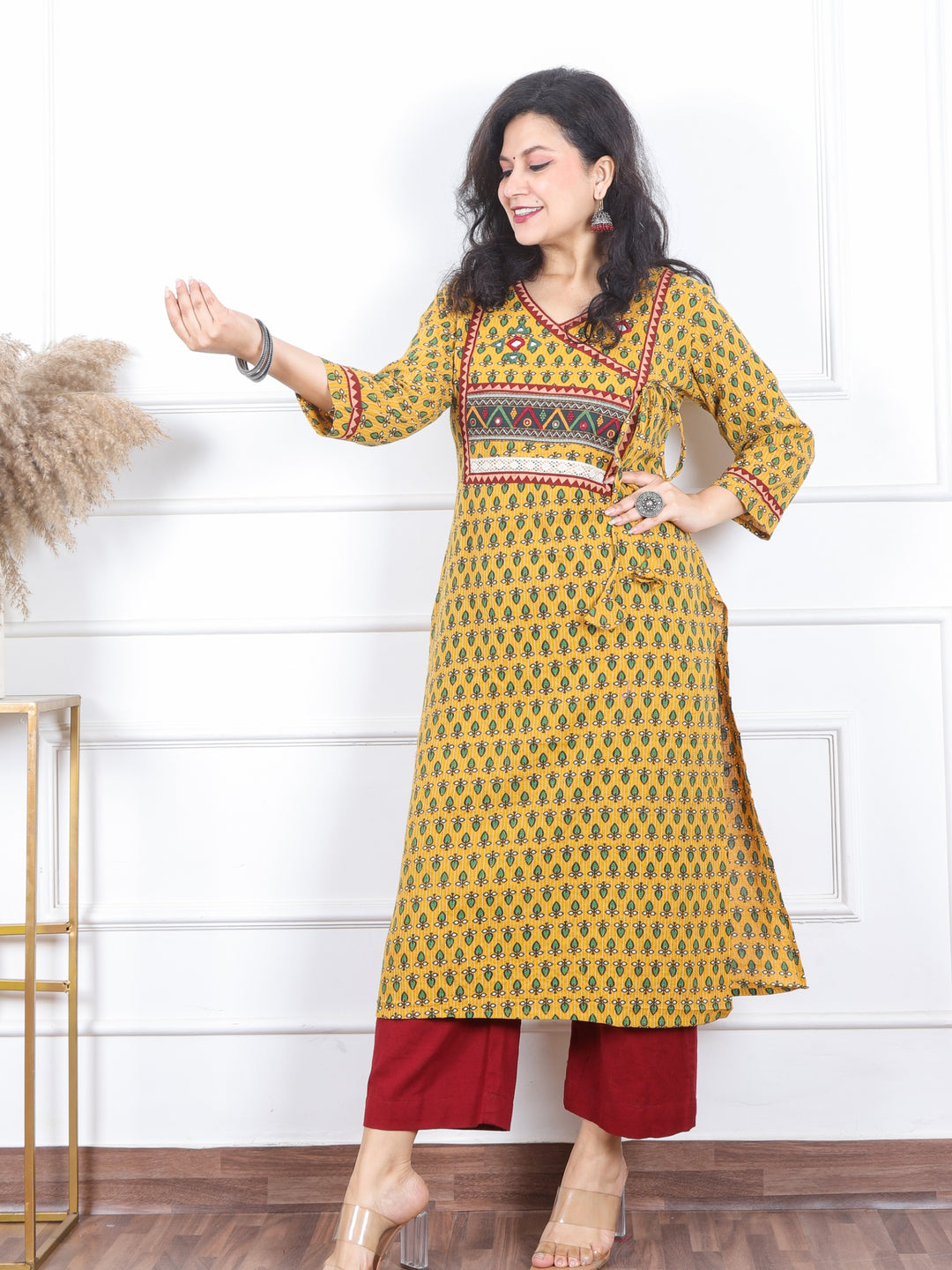 Raavi Dijon Yellow Angrakha Style Neck Work Print Cotton Kurti-D1 Desisandook Enterprises Private Limited Raavi Dijon Yellow Angrakha Style Neck Work Print Cotton Kurti-D1 Desisandook Enterprises Private Limited