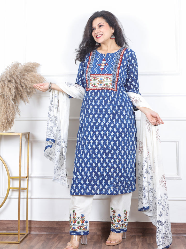 दर्शनी Indigo Blue Kutch Embroidery Neck Work Print Cotton 3 Piece Set-D11