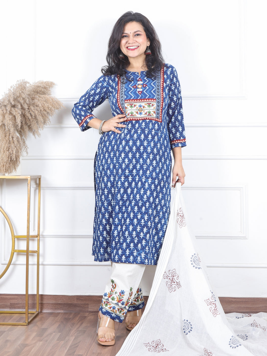 दर्शनी Indigo Blue Kutch Embroidery Neck Work Print Cotton 3 Piece Set-D11