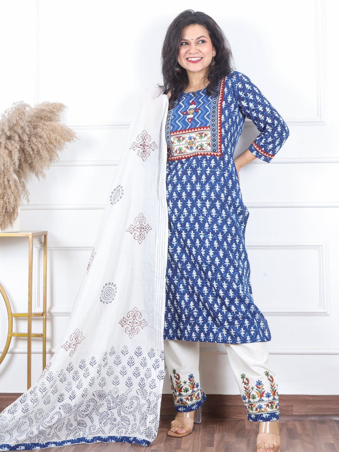 दर्शनी Indigo Blue Kutch Embroidery Neck Work Print Cotton 3 Piece Set-D11