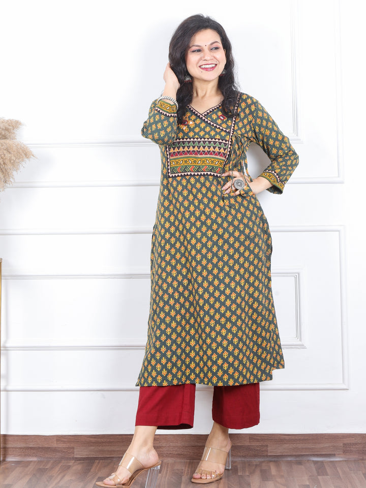 Raavi Dark Green Angrakha Style Neck Work Print Cotton Kurti-D2