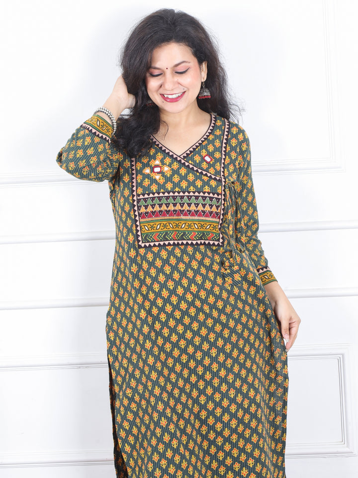 Raavi Dark Green Angrakha Style Neck Work Print Cotton Kurti-D2