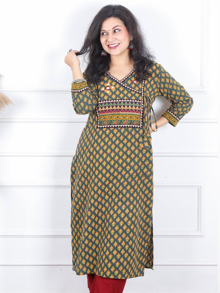 Raavi Dark Green Angrakha Style Neck Work Print Cotton Kurti-D2